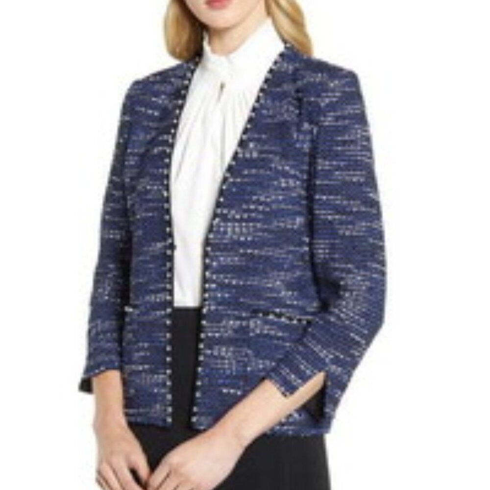 Ming Wang Navy Tweed Textured Knit Jacket Pearl Detailed Size PM Petite
